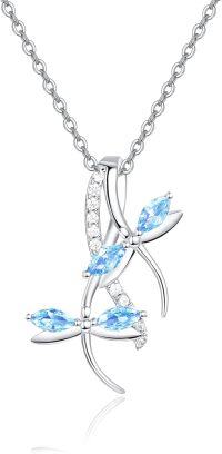wholesale 925 Sterling Silver Blue Crystal Dragonfly Pendant Necklace with Extender Chain (34)-Blue Aquamarine