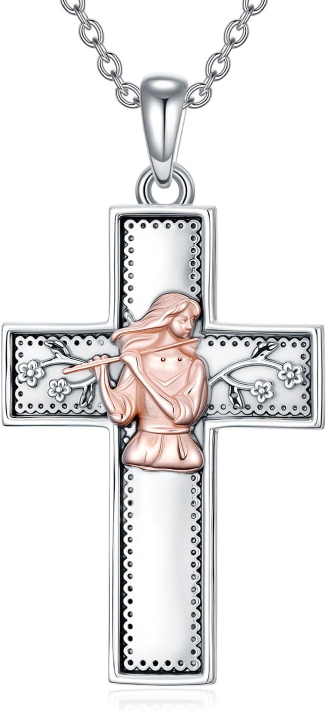 Sterling Silver Music Cross Pendant Necklace for Women Gift for Music Lovers-05-Flute