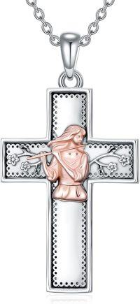wholesale 925 Sterling Silver Musical Angel Cross Pendant Necklace for Women Gifts-05-Flute