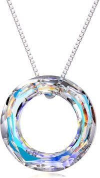 wholesale 925 Sterling Silver White Gold Plated Aurora Boreale Crystal Circle Pendant Necklace for Women-Dia 0.78'' AB White