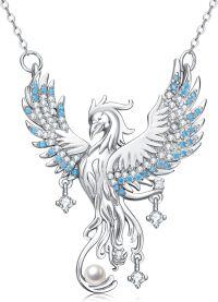 wholesale 925 Sterling Silver Blue Crystal Phoenix Bird Pendant Necklace for Women-Blue Zircon