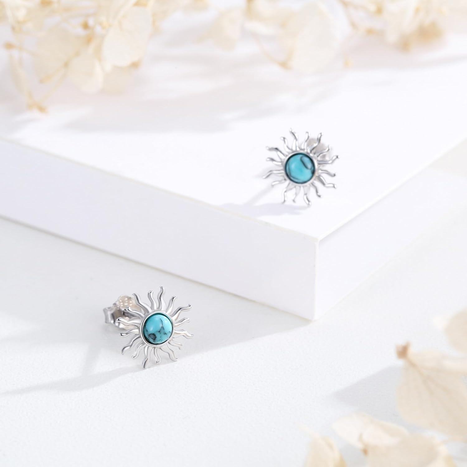 Sterling Silver Turquoise Sun Stud Dangle Earrings for Women-0-2