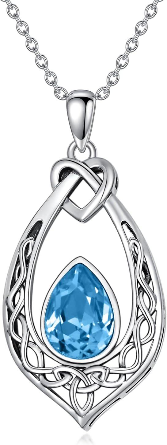 Sterling Silver Simulated Birthstone Celtic Knot Necklace Oxidized Vintage Love Knot Pendant Women s Jewelry Gift-Aquamarine Blue