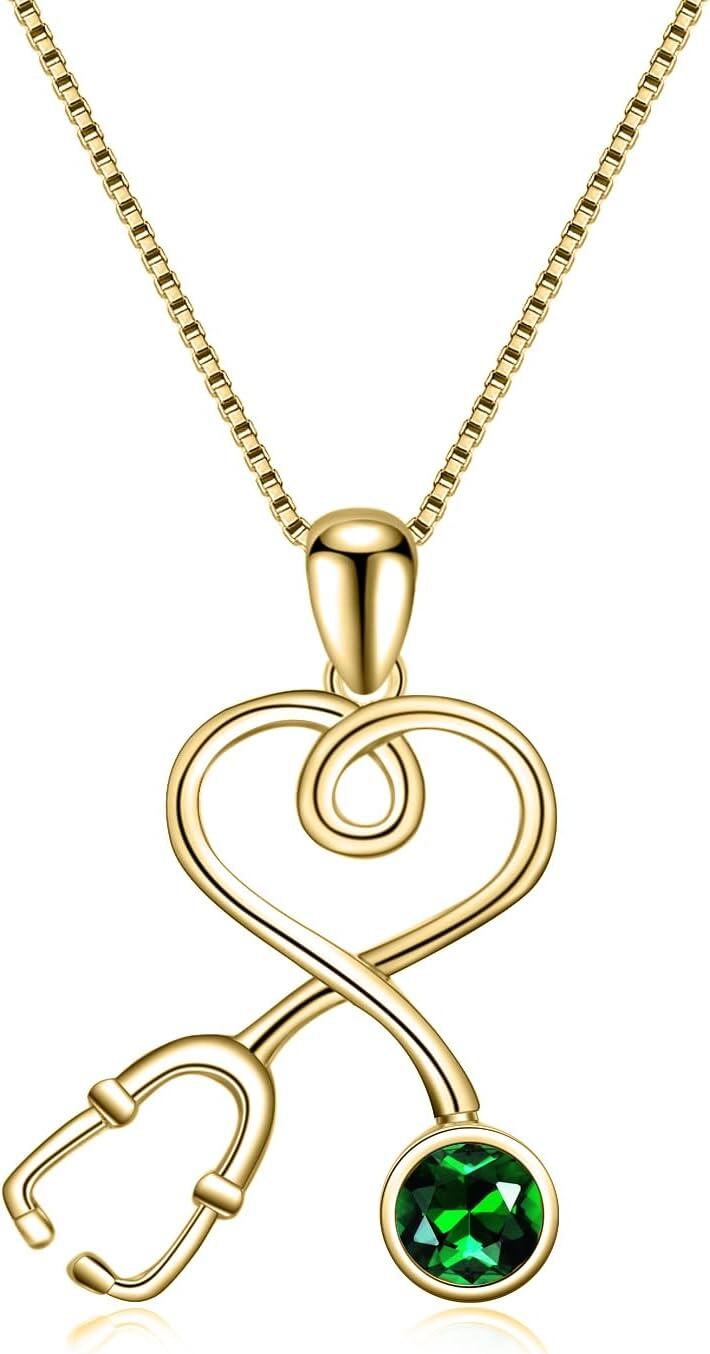 wholesale 925 Sterling Silver Plated Gold Infinity Heart Stethoscope Pendant Necklace with Cubic Zirconia Accent for Nurses Doctors Gifts-Emerald Green