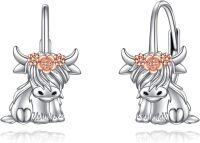 wholesale 925 Sterling Silver Highland Cow with Rose Gold Flower Hoop Earrings for Women-Hightland Cow Dangle
