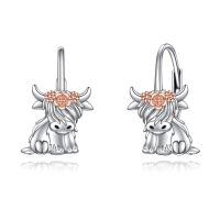 wholesale 925 Sterling Silver Highland Cow with Rose Gold Flower Hoop Earrings for Women-Hightland Cow Dangle