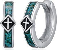 wholesale 925 Sterling Silver Turquoise Stone Viking Celtic Cross Huggie Hoop Earrings 14x8 mm Minimalist Ear Cuff Gifts for Women Men-Cross