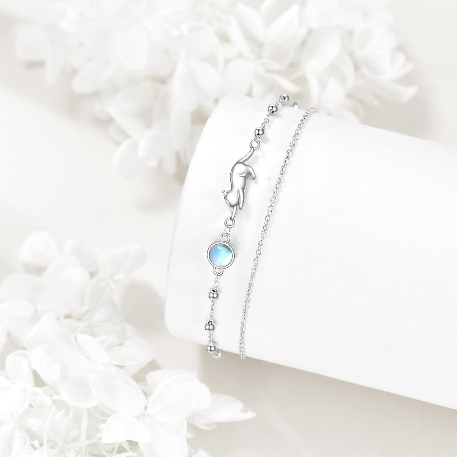925 Sterling Silver Cat Charm Moonstone Beaded Chain Anklet Jewelry for Women Girls Gift 6-8 Adjustable Length-0-4