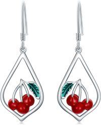 wholesale 925 Sterling Silver Cherry Blossom Teardrop Dangle Earrings with Enamel Leaves and Red Stones for Women Mother's Day Gift Leverback Jewelry-11-Dangle-Cherry