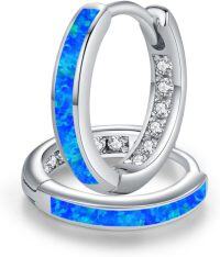 wholesale 925 Sterling Silver Blue Opal Hoop Earrings for Women, October Birthstone, Hypoallergenic, Christmas Gift, 15mm-A-Silver-Blue