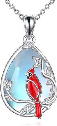 wholesale 925 Sterling Silver Teardrop Moonstone Red Cardinal Bird Vine Leaf Charm Necklace Pendant-Red Cardinal Moonstone