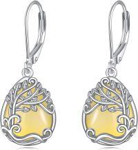 wholesale Sterling Silver Moonstone Leverback Teardrop Dangle Earrings for Women-LL-Tree of Life Yellow Agate