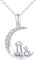 wholesale 14K Gold Crescent Moon with Dog and Cat Pendant Necklace for Women Pet Lover Gifts 17 Chain Length-0-0