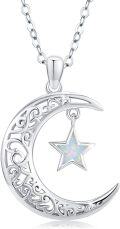 wholesale 925 Sterling Silver Opal Moon and Star Charm Pendant Necklace for Women Girls Gifts Jewelry Accessories 45cm Chain Length-0-0