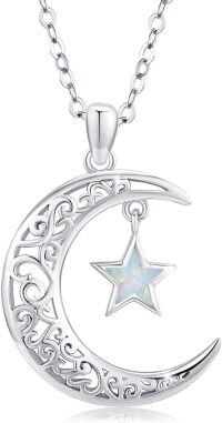 wholesale 925 Sterling Silver Opal Moon and Star Charm Pendant Necklace for Women Girls Gifts Jewelry Accessories 45cm Chain Length-01# White Opal