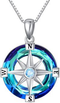 wholesale 925 Sterling Silver Blue Crystal Compass Pendant Necklace for Women Girls -Blue Crystal Compass Necklace