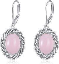 wholesale Sterling Silver Filigree Turquoise Rose Quartz Emerald Garnet Aquamarine Amethyst Dangle Earrings-Rose quartz