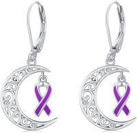 wholesale 925 Sterling Silver Purple Ribbon Moon Dangle Leverback Earrings for Women Cancer Awareness Jewelry-Purple