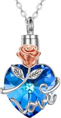 wholesale Silver Rose Cremation Jewelry Heart Urn Necklace for Ashes ( chars)-Blue Heart Urn