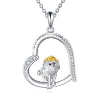 wholesale 925 Sterling Silver Lion Heart Necklace With Gold Crown Detail-Lion