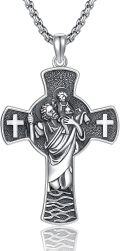 wholesale 925 Sterling Silver Cross Pendant with Saint Image and Waves Design Chain Necklace for Men & Women Religious s-0-0