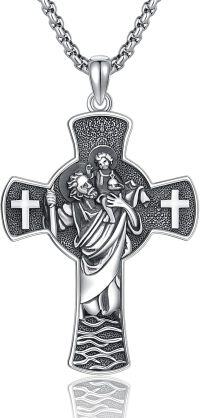 wholesale 925 Sterling Silver Cross Pendant with Saint Image and Waves Design Chain Necklace for Men & Women Religious s-J01-St Christopher