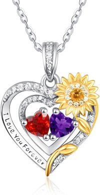 wholesale Sterling Silver 2 Birthstones Sunflower Heart Necklace for Women-01-02-Jan-Feb