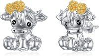 wholesale 925 Sterling Silver Cow Stud Earrings with Flower Accents for Women's Gifts-05-Highland Cow
