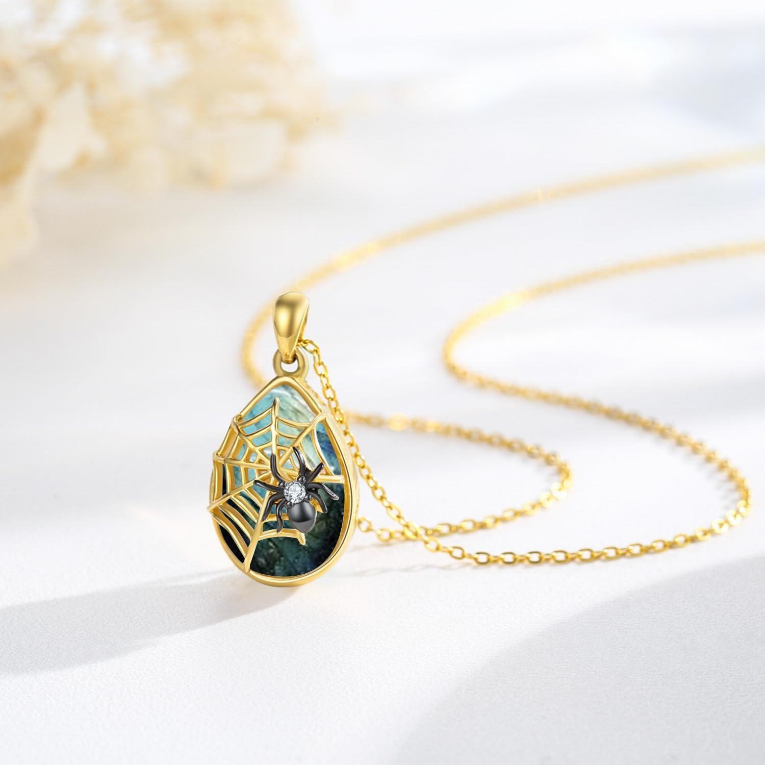 Gold 925 Sterling Silver Black Spider Web Pendant Necklace for Women - Gothic Halloween s-0-2