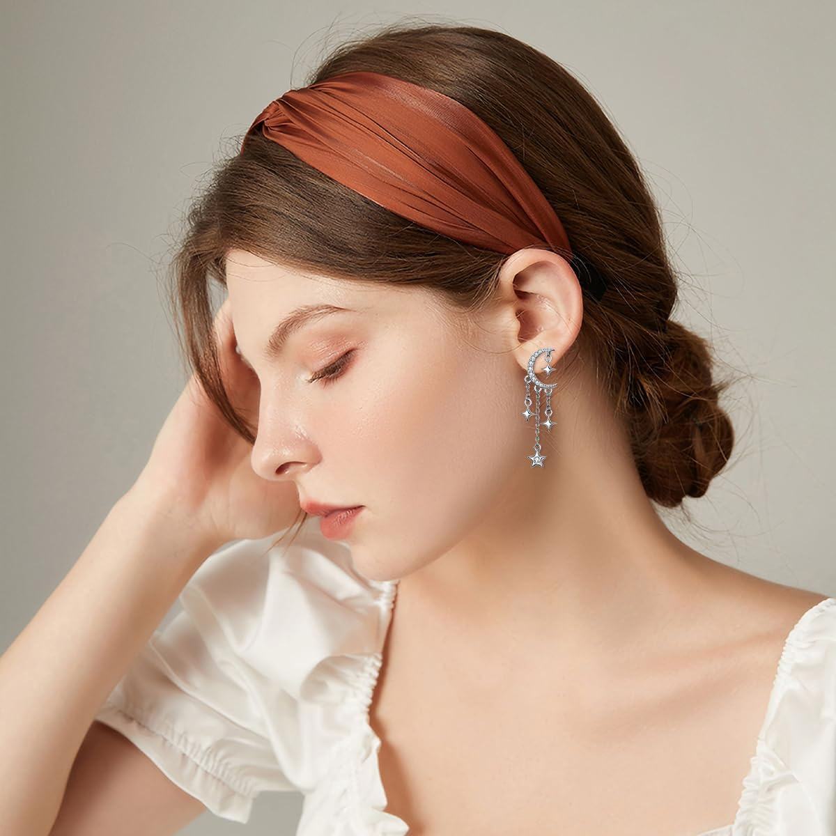 Sterling Silver CZ Sparkling Crescent Moon Star Stud Tassel Earrings-0-6