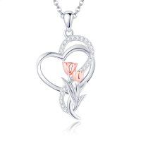 wholesale 925 Sterling Silver Tulip Heart Pendant Necklace for Women Mother Flower Lover Gifts-Tulip