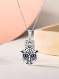 wholesale 925 Sterling Silver Owl and Hamsa Pendant with Blue Eyes on Chain-0-2