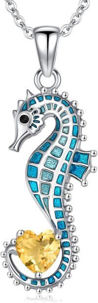 wholesale 925 Sterling Silver Birthstone Blue Seahorse Heart Pendant Necklace-November
