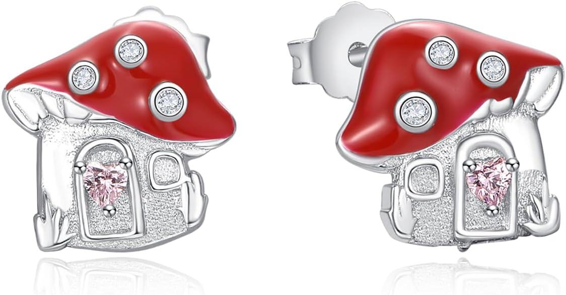 Sterling Silver Opal CZ Mushroom Stud Earrings for Women-mushroom house