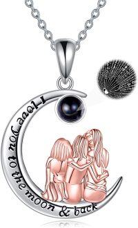 wholesale 925 Sterling Silver Moon Pendant with Three Girls Hugging and Black Cubic Zirconia - Sister Gift Friendship Jewelry-Style 3-Three Sisters-I Love You 100 Languages