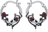 wholesale 925 Sterling Silver Red Rose Vine Huggie Hoops - Floral s for Her-Rose