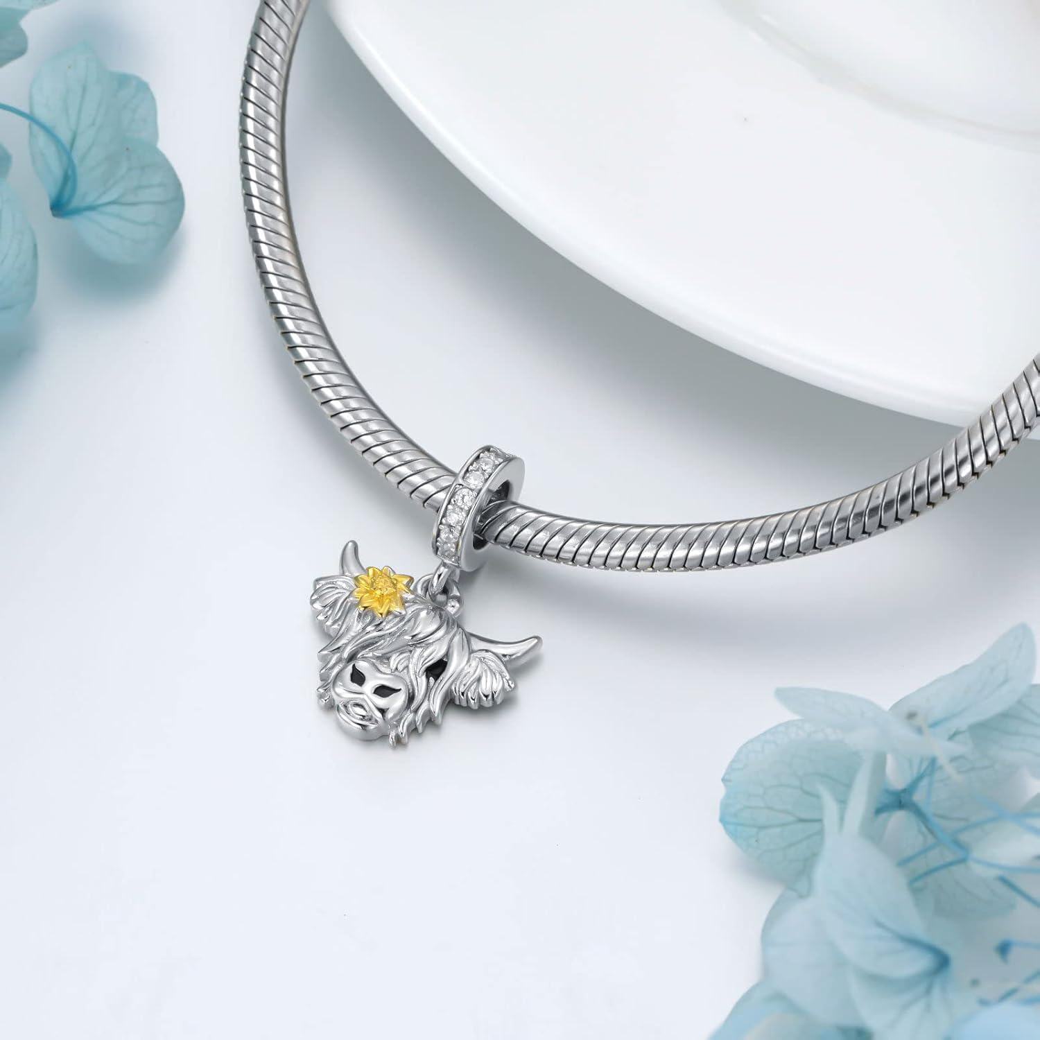 925 Sterling Silver Highland Cow Pendant Charm with Flower Accents for Bracelet Necklace Crafting Supplies Jewelry Making DIY Gifts 38x46mm-0-4