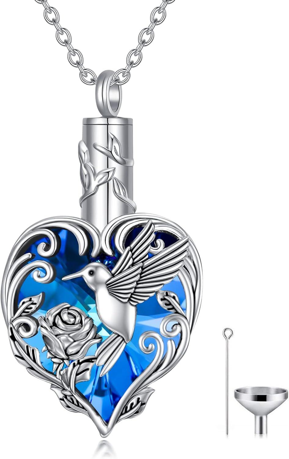  Sterling Silver Heart Hummingbird Urn Necklace for Ashes Memorial Keepsake -D-Hummingbird-Heart Crystal