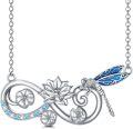 wholesale 925 Sterling Silver Dragonfly Lotus Flower Infinity Pendant Necklace with Blue Enamel Wings and Cubic Zirconia Stones-0-0