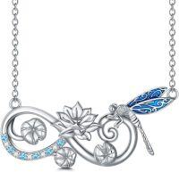 wholesale 925 Sterling Silver Dragonfly Lotus Flower Infinity Pendant Necklace with Blue Enamel Wings and Cubic Zirconia Stones-Infinity-Dragonfly