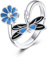 wholesale 925 Sterling Silver Blue Enamel Flower & Butterfly Adjustable Ring - Gifts for Her-Dragonfly Ring