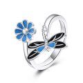 wholesale 925 Sterling Silver Blue Enamel Flower & Butterfly Adjustable Ring - Gifts for Her-0-0
