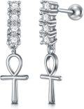 wholesale 925 Sterling Silver Ankh Cross Dangle Stud Earrings for Women Girls  4CM Length-0-0
