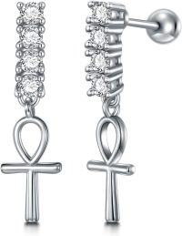 wholesale 925 Sterling Silver Ankh Cross Dangle Stud Earrings for Women Girls  4CM Length-Ankh