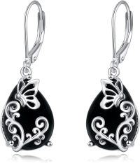 wholesale 925 Sterling Silver Black Onyx Butterfly Teardrop Leverback Dangle Earrings-Tourmaline