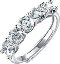 wholesale S925 Sterling Silver Moissanite 5-Stone Round Cut Eternity Band, 1.5ct D-VVS1, 18K White Gold Plated, Adjustable Ring, Size 6-8-#6#6.5#7#7.5#8