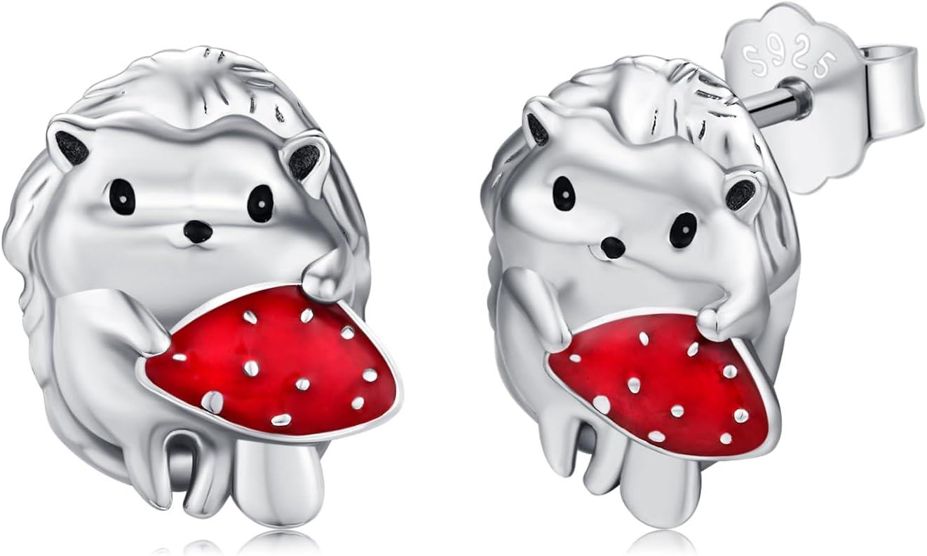  Sterling Silver Animal Stud Earrings Butterfly Unicorn Yorkie Beagle Axolotl Frog Cow Panda Dog Dino Cat Hedgehog Sloth -Hedgehog Earrings