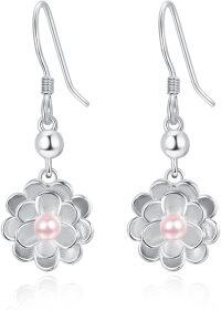 wholesale 925 Sterling Silver Gold-Plated Pink Pearl Daisy Drop Earrings-silver