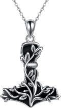 wholesale 925 Sterling Silver Black Onyx Thor's Hammer & Tree of Life Necklace Norse Viking Jewelry-0-0