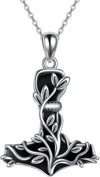 wholesale 925 Sterling Silver Black Onyx Thor's Hammer & Tree of Life Necklace Norse Viking Jewelry-black-black obsidian